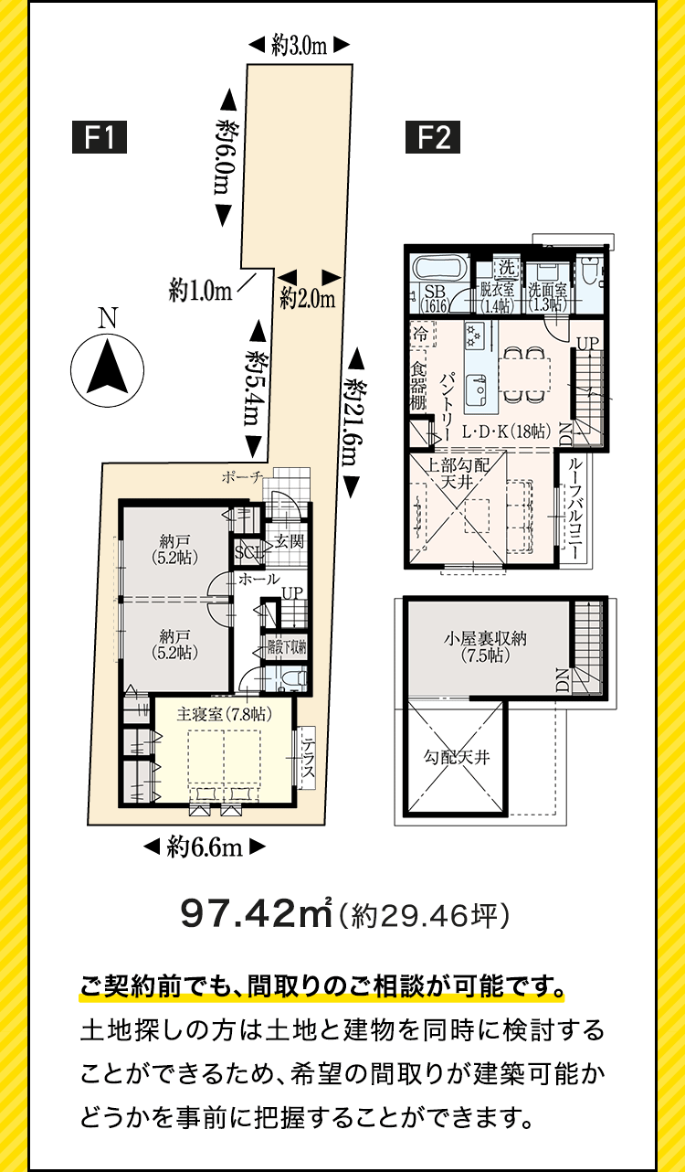 97.42㎡（約29.46坪）ご契約前でも、間取りのご相談が可能です。​ 土地探しの方は土地と建物を同時に検討することができるため、希望の間取りが建築可能かどうかを事前に把握することができます。​