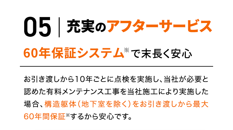 05 充実のアフターサービス 60年保証システム※で末長く安心 お引き渡しから10年ごとに点検を実施し、当社が必要と認めた有料メンテナンス工事を当社施工により実施した場合、構造躯体（地下室を除く）をお引き渡しから最大60年間保証※するから安心です。 
