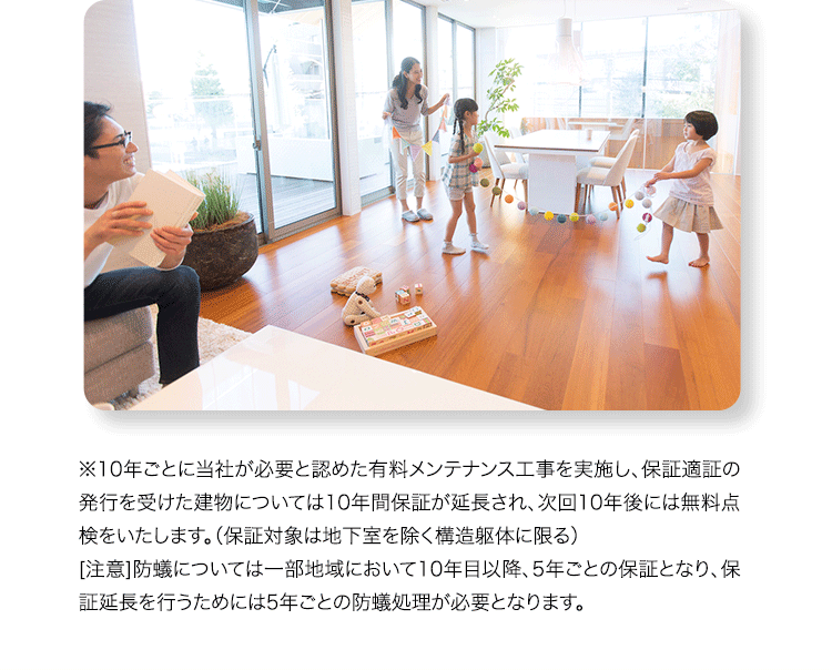 ※10年ごとに当社が必要と認めた有料メンテナンス工事を実施し、保証適証の発行を受けた建物については10年間保証が延長され、次回10年後には無料点検をいたします。（保証対象は地下室を除く構造躯体に限る）[注意]防蟻については一部地域において10年目以降、5年ごとの保証となり、保証延長を行うためには5年ごとの防蟻処理が必要となります。